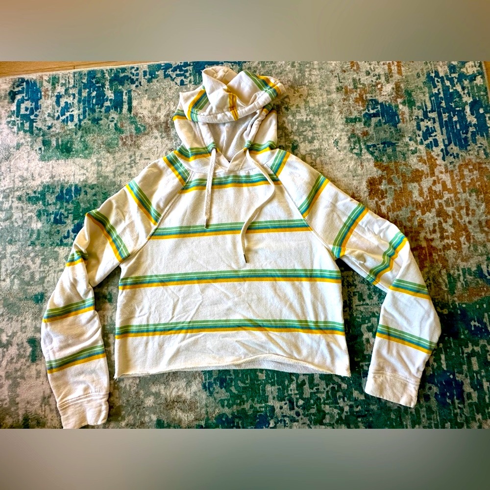 Love Peace and Lazy Days Medium Soft Striped Hoodie Green/Yellow/Blue accents.